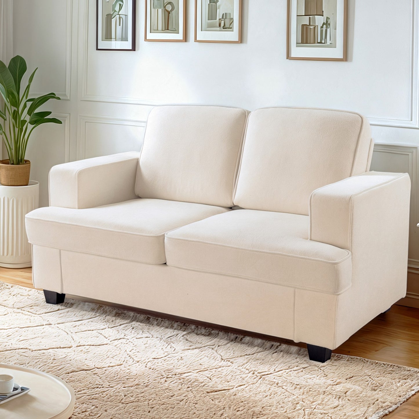Modern Velvet Loveseat, Comfortable 2 Seater Couch With Deep Seating And High-Density Foam, Loose Back Cushions, Wide Arms, Living Room Furniture For Home, Apartment, Office, Ivory
