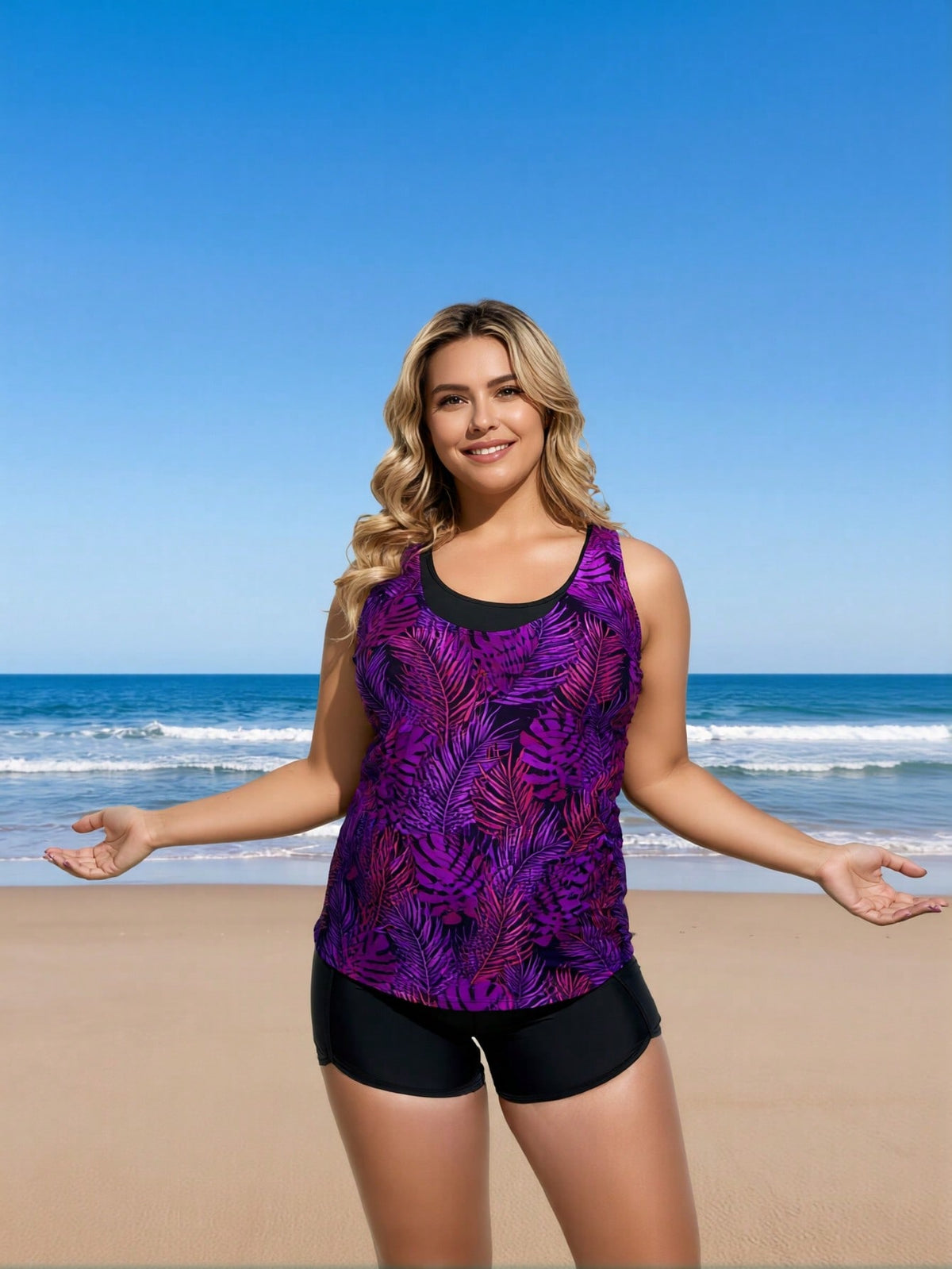 2026 New Plus Size Women's Sexy Fashion Purple-Black Botanical Print Two-Piece Boyleg Swimsuit For Vacation & Leisure