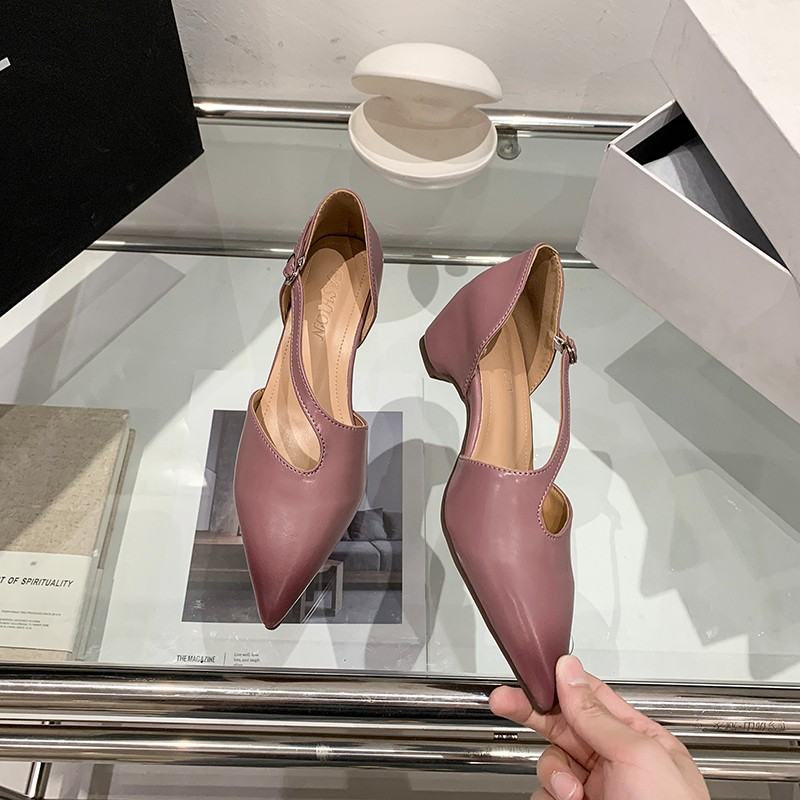Women French Pointed Toe Low Cut Block Heel Pumps, Professional Commute Shoes, Ankle Strap Mid Heel Elegant Fashion Mary Jane Shoes