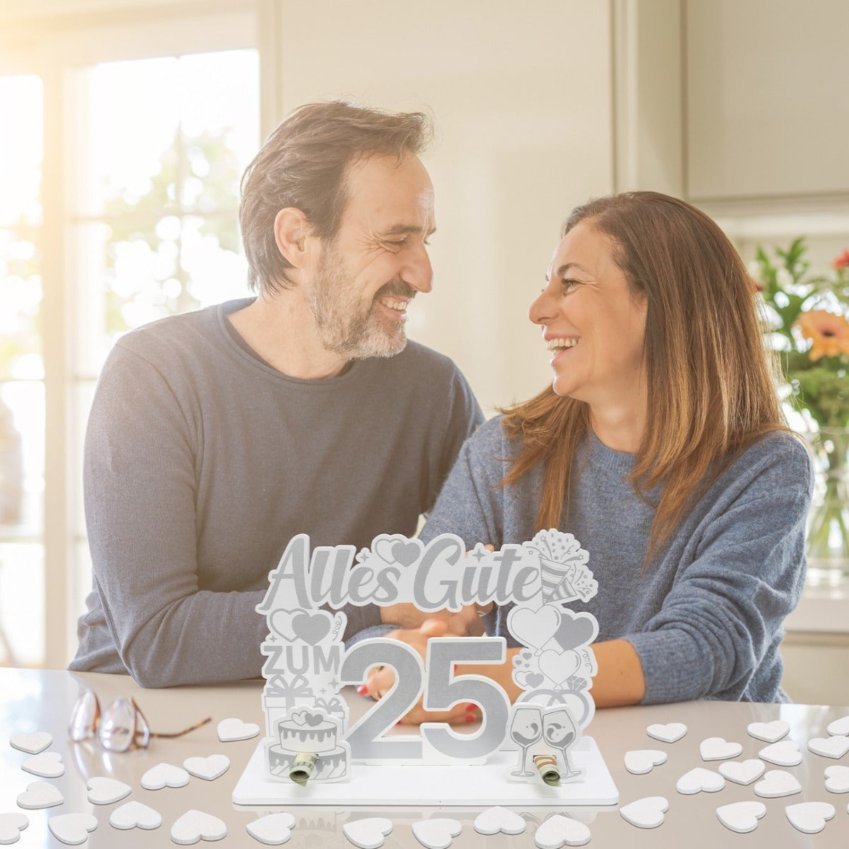 Silver Wedding Anniversary Money Gift Set (Wood) - 20 White Heart-Shaped Wooden Plates With 25 Gift Holders - Decoration For Anniversary Celebrations - Party Decorations