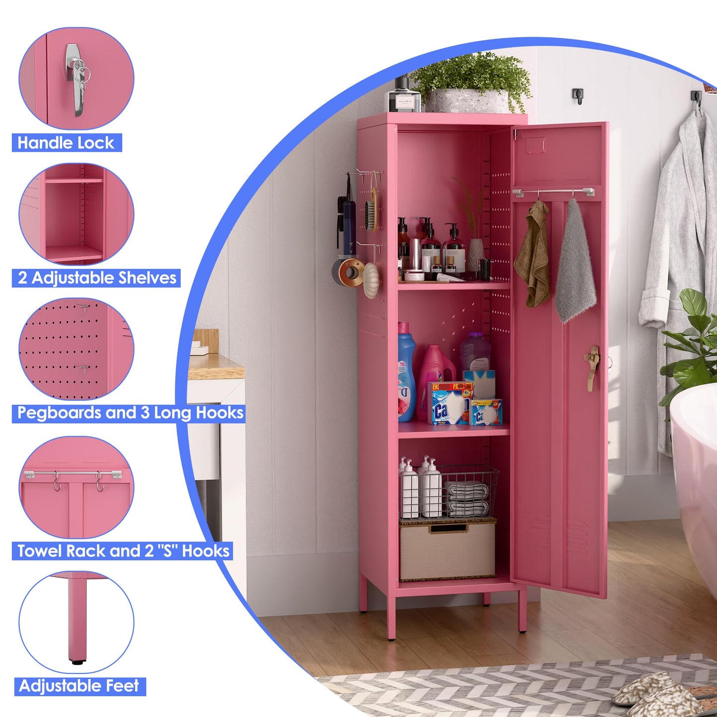 SUPEER Lockable Metal Lockers With Handle And Keys,Metal Storage Locker With 2 Pegboard & 5 Hooks For Home,Office,School,54.45inch H X 15inch W X 15inch,Pink,Required Assembly