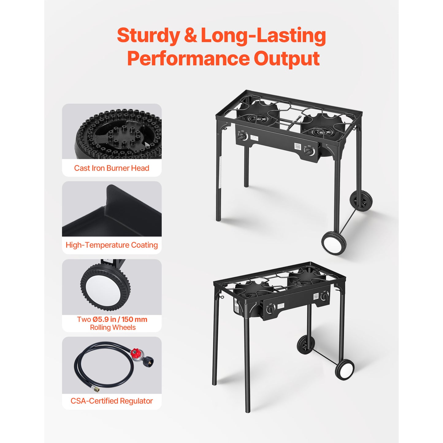 2 Burner Outdoor Propane Gas Stove, 150,000 BTU Propane LPG Gas Camping Stove, Heavy-duty Carbon Steel Outdoor Cooker, With 2 Wheels & 20 PSI Regulator & Hose, For BBQ Camp Home Patio B Ackyard