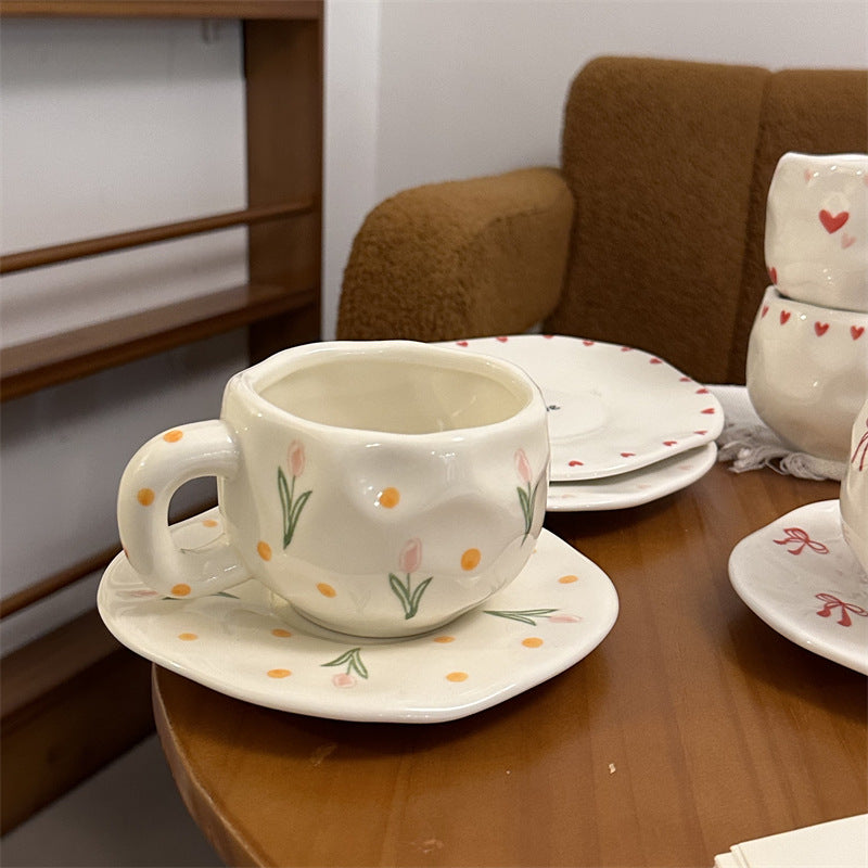 Korean Ins Style Retro Flower Ceramic Cup Dish