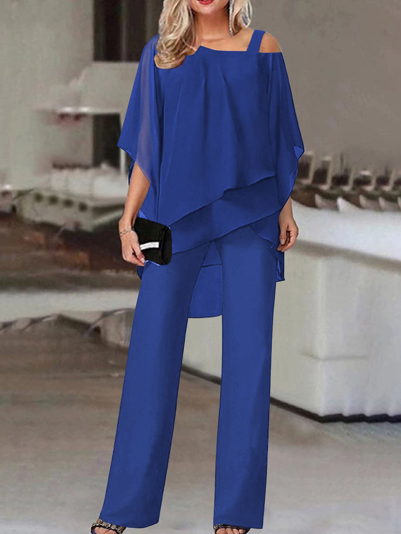 Cold Shoulder Asymmetrical Ruffle Blouse & High Waist Wide Leg Pants Set For Women Casual Elegant Two Piece Outfit Casual Office Wear