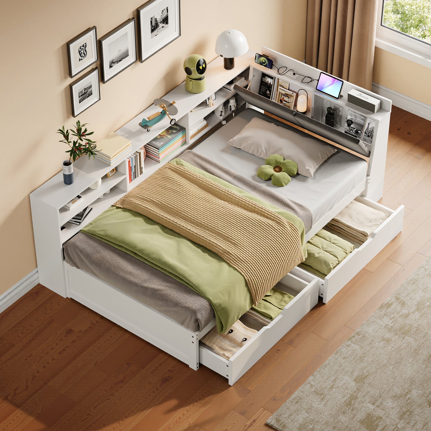 3ft Single L-Shape Daybed With Two Storage Drawers And Bookcase Storage, Linen Concealed Headboard Storage With Charging Station, Wood Bed For Living Room Bedroom Study Room, White No Mattress