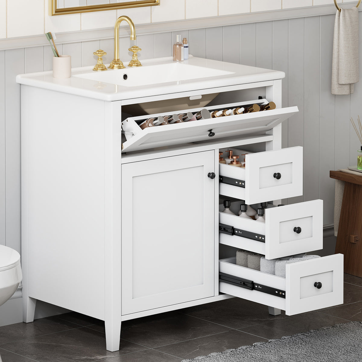 30-Inch White Bathroom Vanity With Sink, Modern MDF And Rubberwood Cabinet With 3 Drawers And Adjustable Shelf, Freestanding Vanity For Bathroom Storage And Organization Left Door