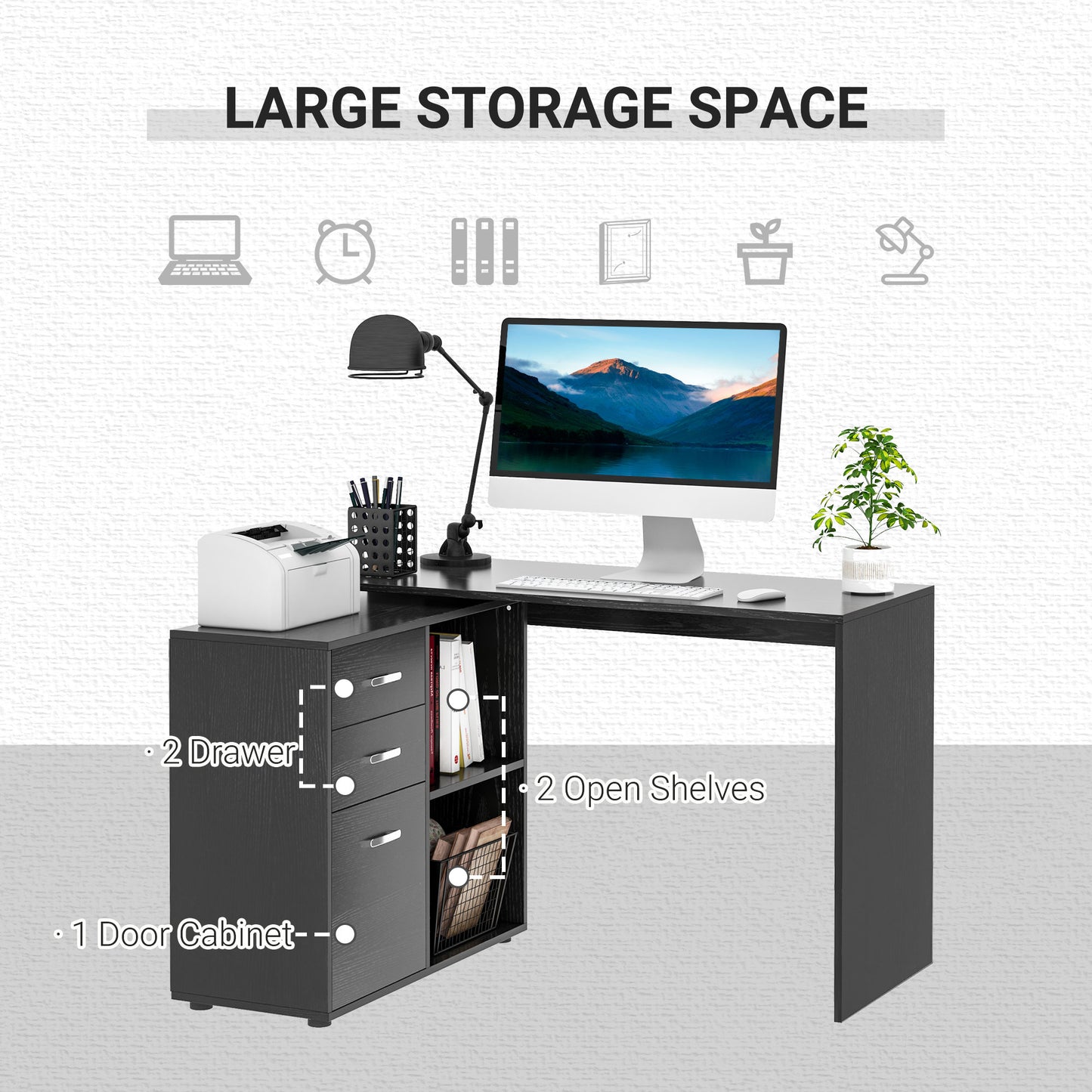 L Shaped Computer Desk, Reversible Home Office Desk With Drawers, File Cabinet And Storage Shelves, Study Table, 117 X 83.5 X 76cm, Black