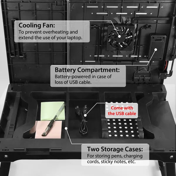 Foldable Laptop Table Bed Notebook Desk With Cooling Fan Mouse Board LED Light 4 XUSB Ports Breakfast Snacking Tray