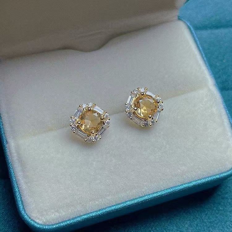 High Grade Inlaid Citrine Copper Silver Plated Stud Earrings, Fashion Light Luxury Premium Earrings For Wealth & Good Fortune