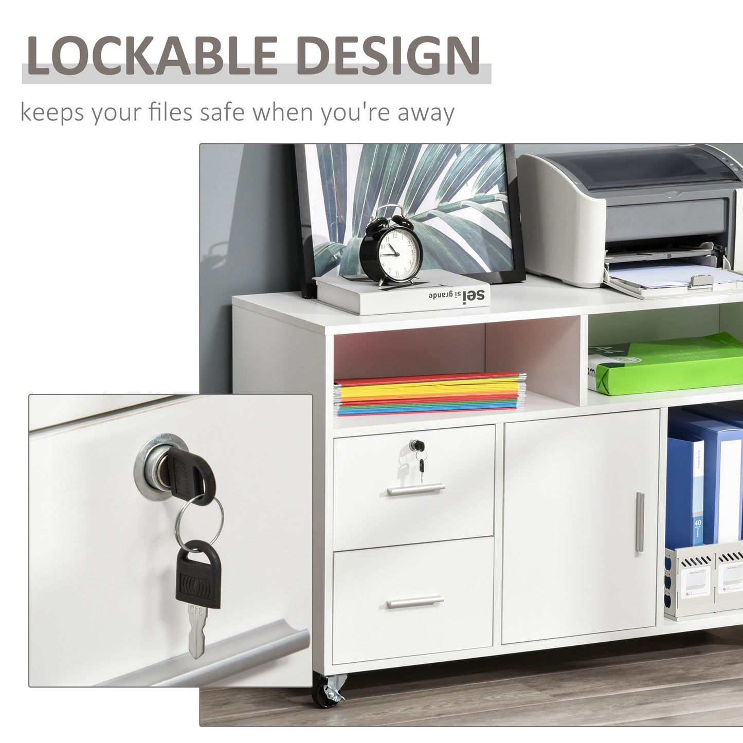 Printer Stand Home Office Mobile Storage Cabinet Organizer Desktop With Caster Wheels, 2 Locking Breaks And Drawer, White
