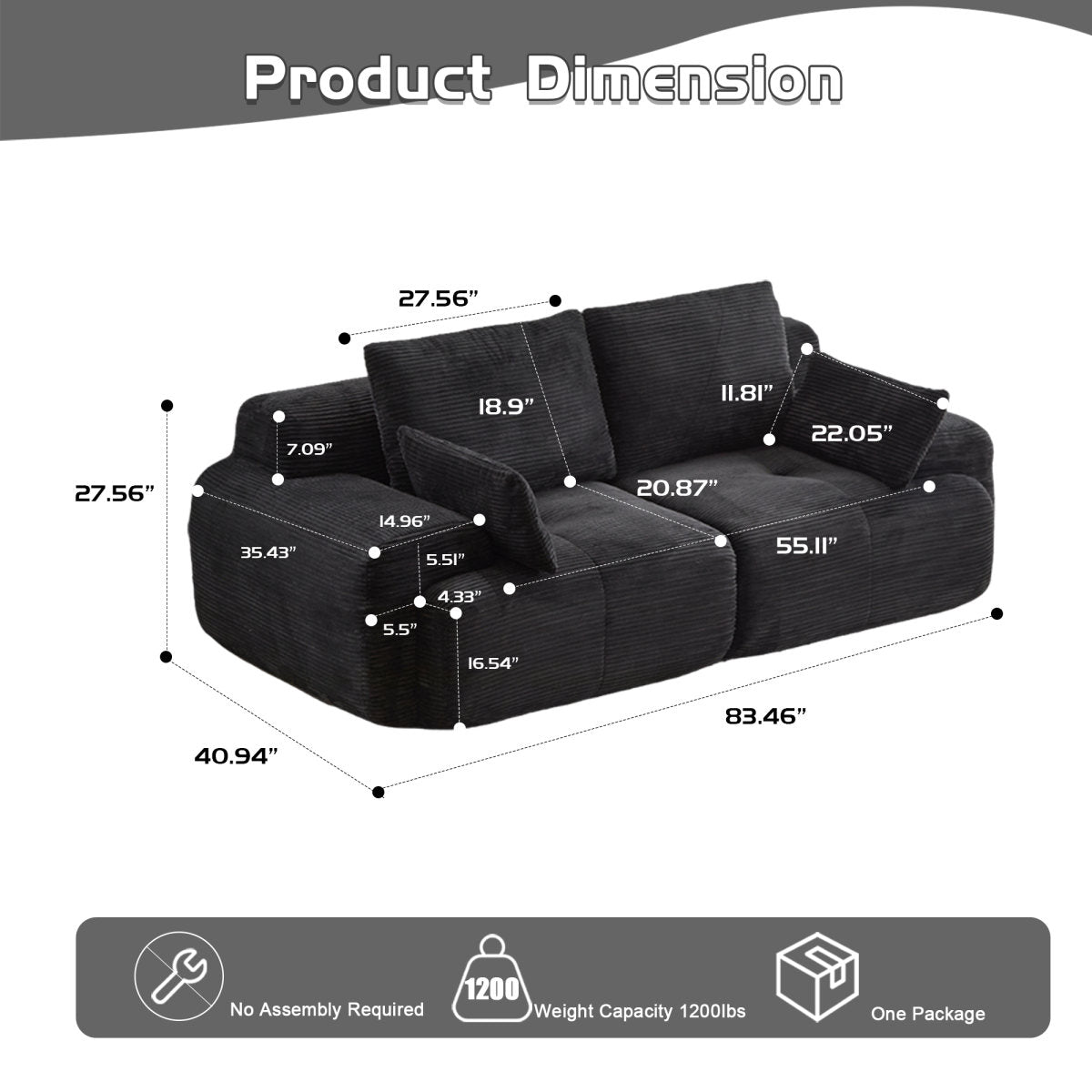 Modern Memory Foam Compressed Sofa,2 Seater Large Sectional Couches For Living Room,Pet-Friendly Cloud Modular Sectional Sofa,Corduroy Fabric,Extra Deep Loveseat,No Assembly Required, Black