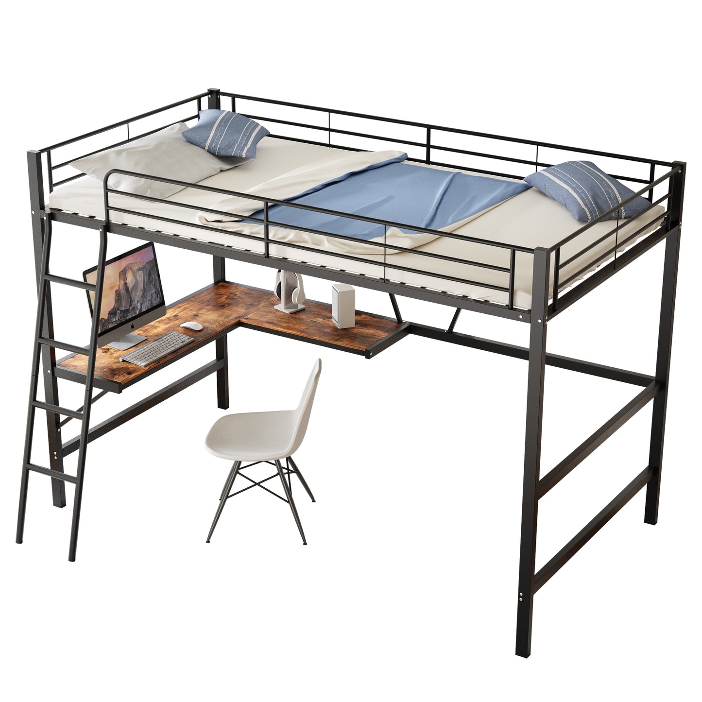 90x200cm Bed Frame Metal Bed, Iron Bed, Loft Bed With L-shaped Desk And A Shelf For Children, Teenagers And Adults, Black