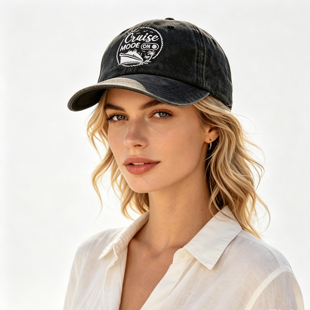2pcs Cruise Mode On Embroidered Baseball Cap, Vintage Washed Distressed Hat For Men Women, Summer Beach Vacation Cruise Trip Gift