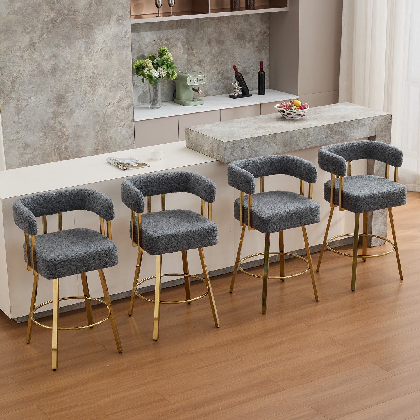 TS Modern Decorative Chair, Living Room Side Chair With Gold Metal Legs, No Wheels, Suitable For Dressing Area, Reception Room, Office,Teddy Fleece Upholstered Metal Foot Bar Chairs 2PC Gray