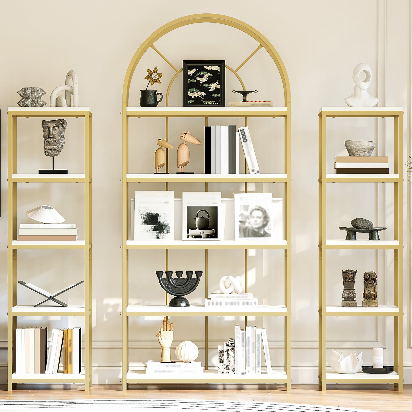 163X30X184 Cm Standing Shelf Set Modular Bookcase With Gold Metal Frame & White MDF Shelves, 3-Piece Shelf With Arch Design, Display Shelf For Living Room, Kitchen & Office Display Cabinet, Shelf, B
