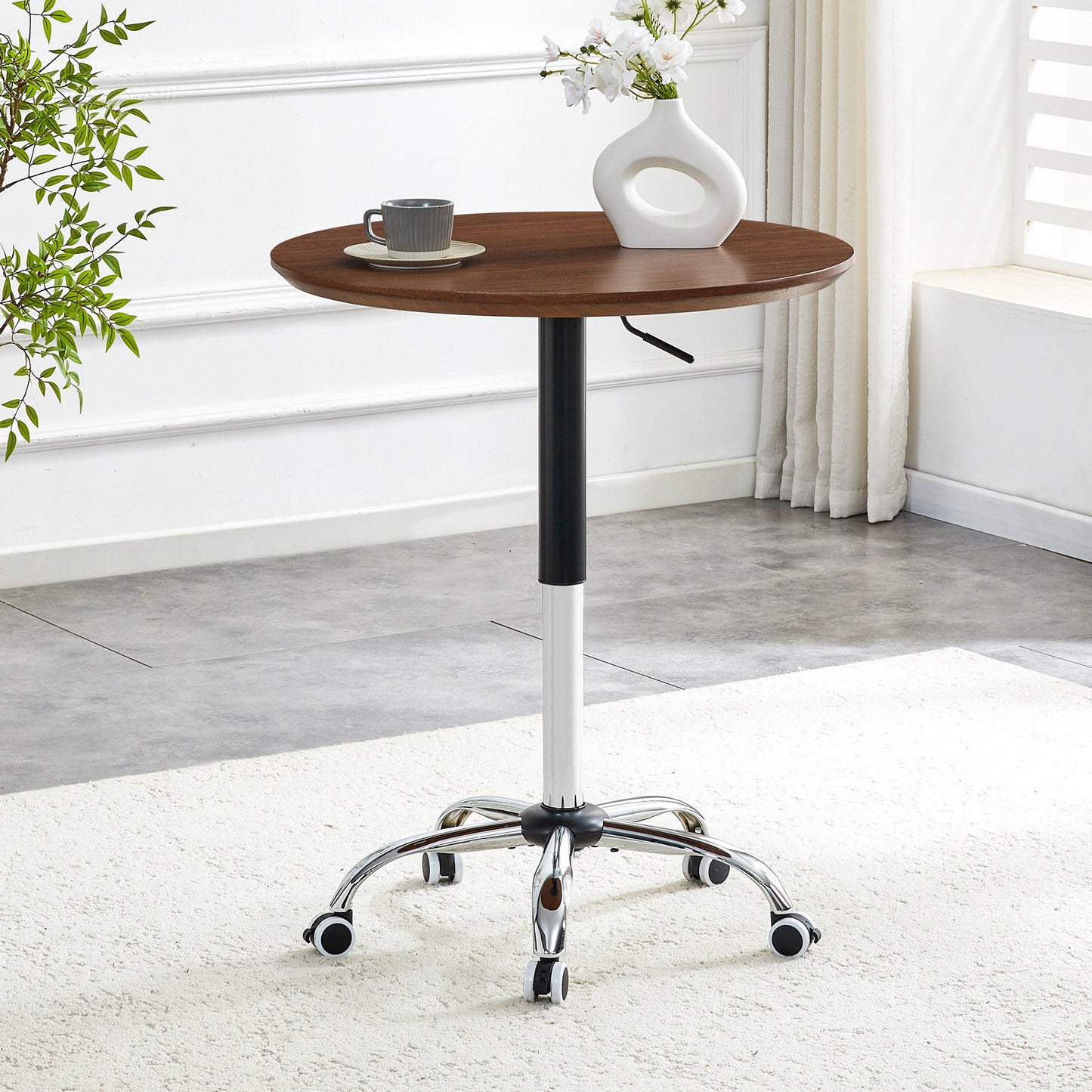 Walnut Height Adjustable Roll Side Table, Diameter 70 Cm, Modern Round Table For Home Office, Kitchen And Cafe