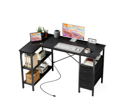 L-shaped Computer Gaming Table With Monitor Stand, 3 Drawers, USB Interface, Power Socket, Corner Workstation