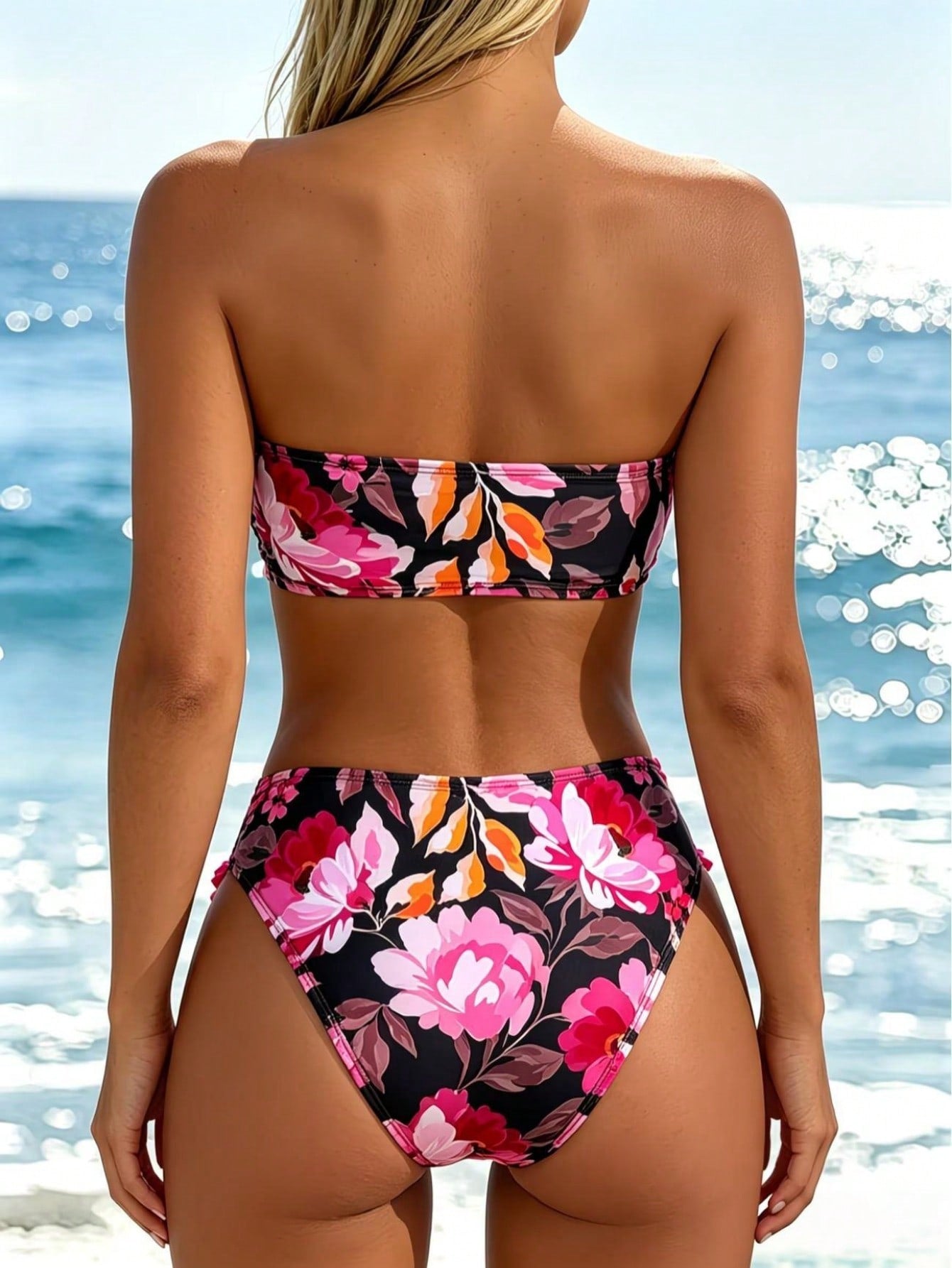 2026 New Floral Print Strapless Bandeau Bikini Set, High Waist Two-Piece Bathing Suit