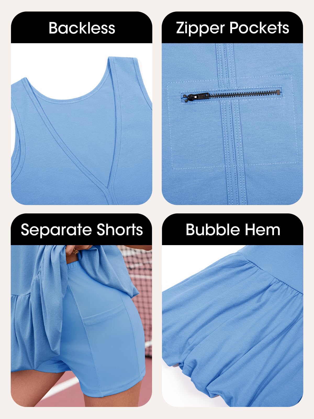 Fisoew Womens Athletic Dresses With Shorts & Pockets Backless Tennis Golf Mini Dress Bubble Hem Workout Active Outfits