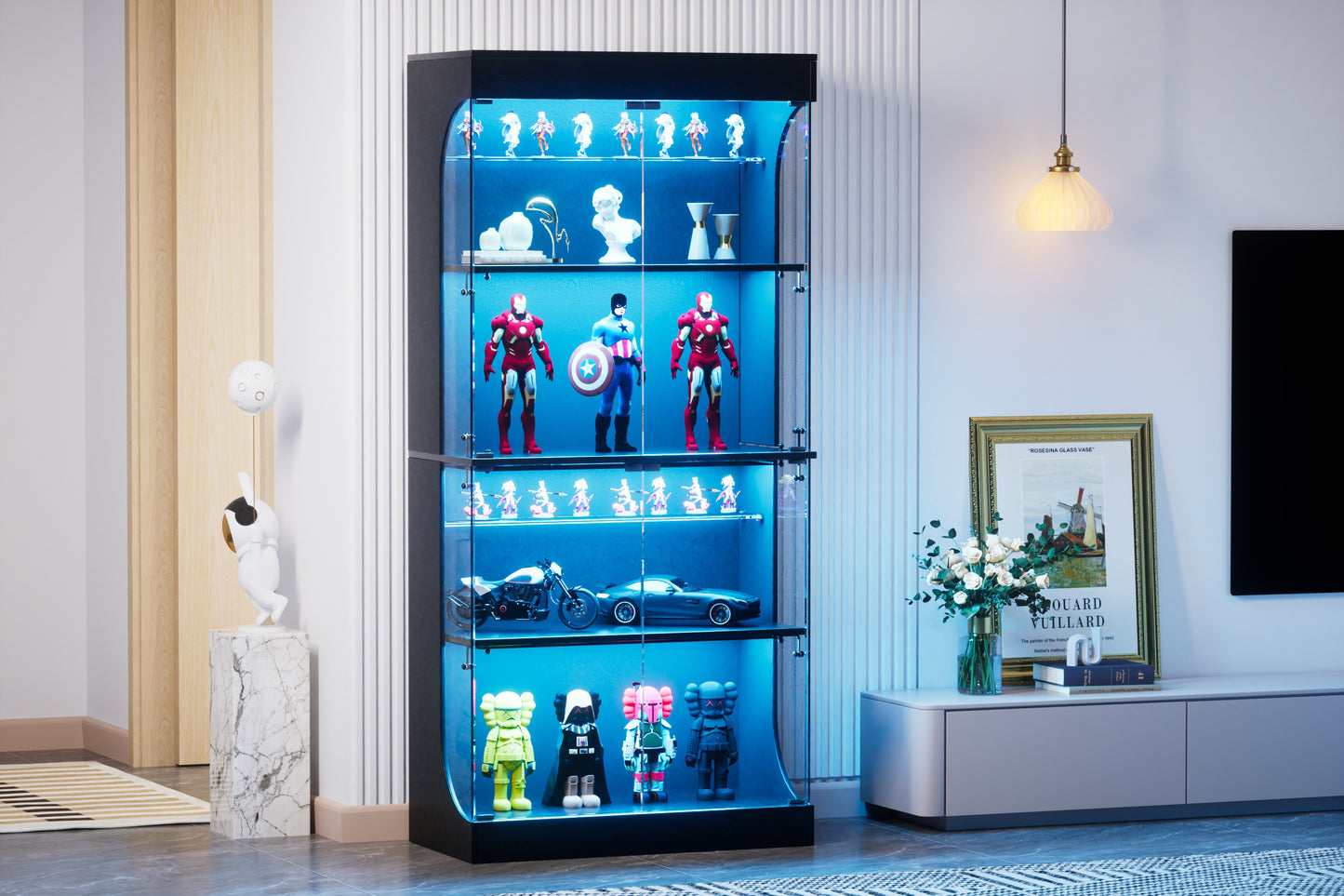 Four-storey Glass Display Case With Storage Space, LED Lighting, Glass Doors And Smart Sensors. Suitable As A Dustproof Glass Cabinet For Living Rooms, Bedrooms And Offices. Black. 80x35x165cm