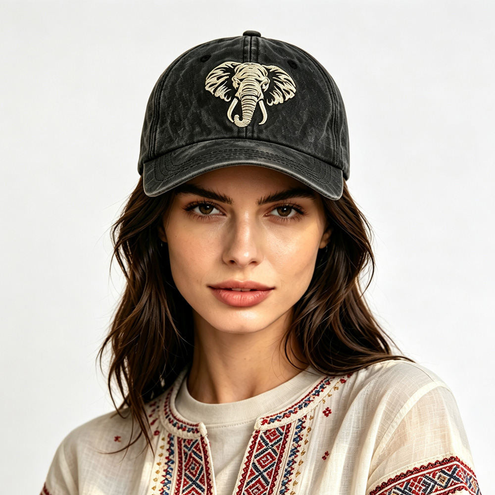 2pcs Vintage Washed Cotton Baseball Cap, Embroidered African Elephant Head Dad Hat Outdoor Summer Casual Sun Hat