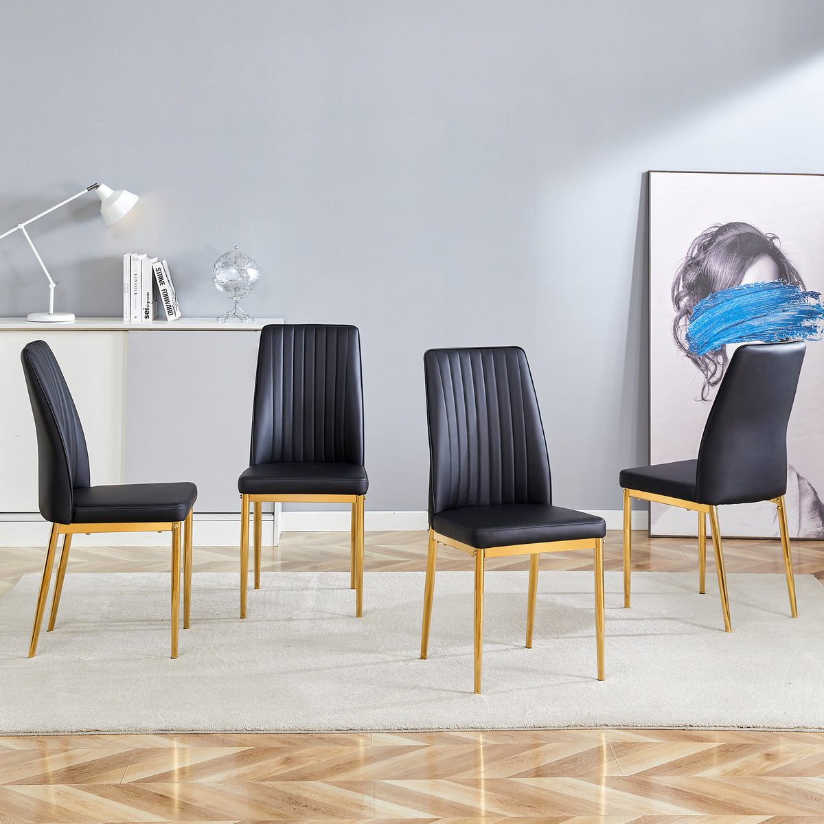 Fashion Black Dining Chair 4 Piece Set Golden Metal Legs, Black PU Leather To Create An Elegant Dining Area.