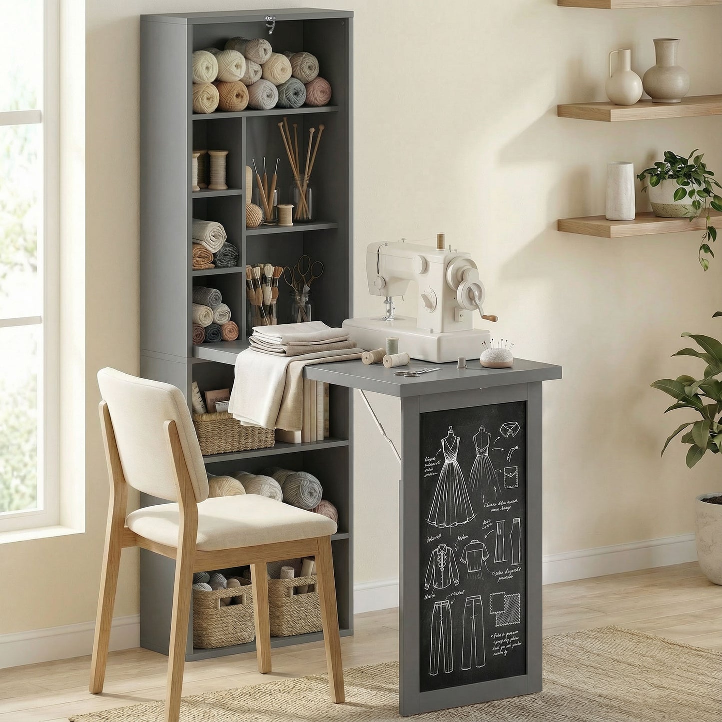 Fold-out Convertible Office Desk, Wall Mount Computer Desk with Blackboard and Side Shelf, Charcoal Gray