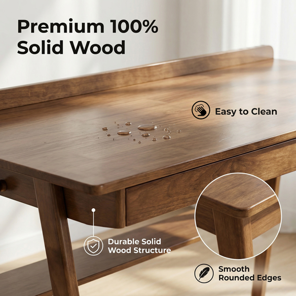 Solid Wood Writing Desk, Home Office Desk For Small Spaces, Mid Century Modern Desks With 2 Drawers & Storage Shelf, Standing Desk With Side Hooks For Study, Bedroom, Office Walnut