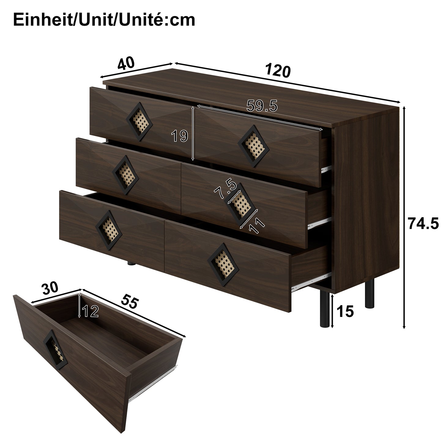 Elegant 6-Drawer Dressing Table With Rattan Handle, For Bedroom & Living Room Practical Storage & Stability, Perfect For Your Home