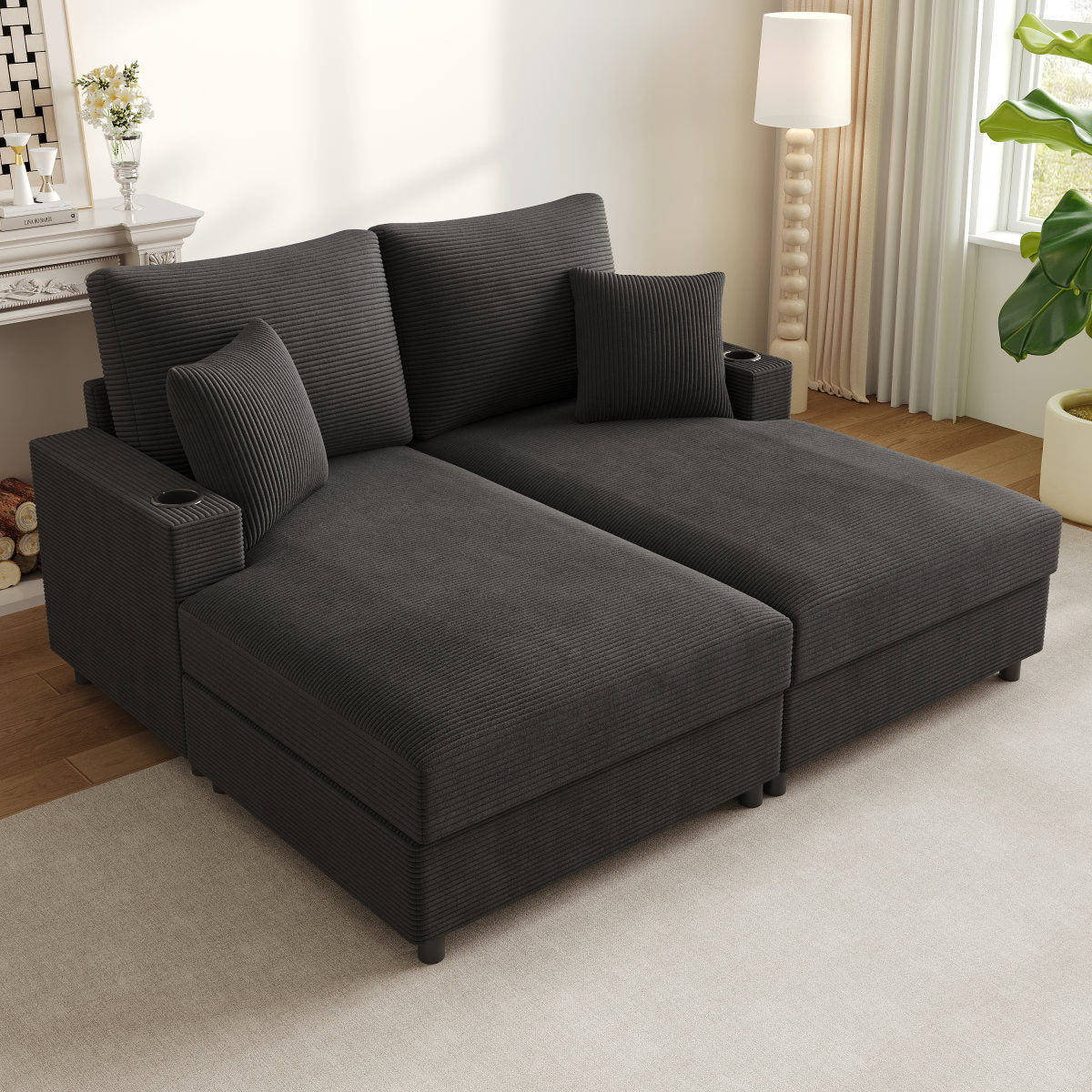 Double Sofa Bed With Sleeping Function, Padded Lying Surface, Mobile Phone Holder, USB Port And Cup Holder. Suitable For Living Room, Bedroom Or Home Theater. Gray.