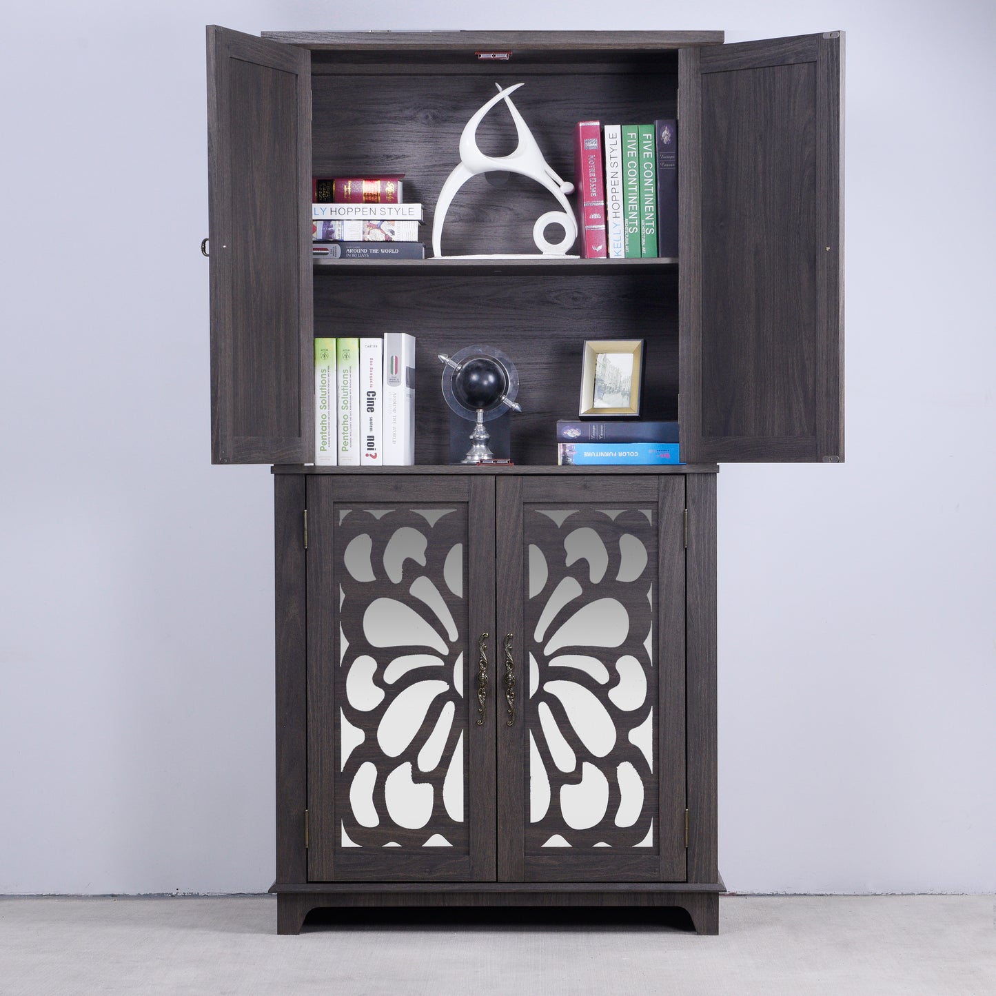 Display Sideboard Buffet With 4 Acrylic Mirrored Doors, Adjustable Shelves Storage Cabinet For Kitchen, Living Room, Bedroom Cabinet, MDF Dark Brown Finish