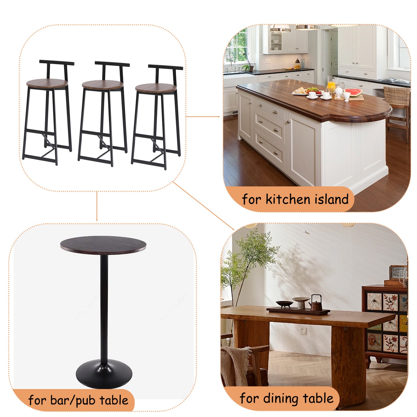 Bar Stool Set Of 3 Counter Height Barstools With Back Armless Dining Chairs For Kitchen Island Black & Walnut Brown