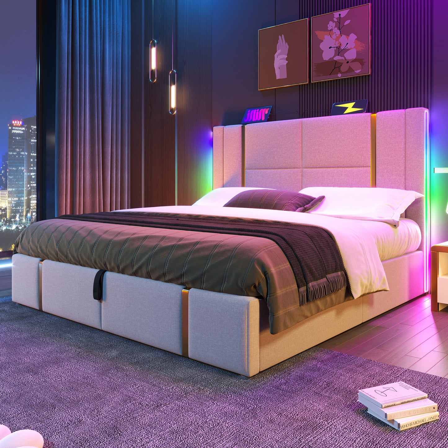 Upholstered Bed Double Bed USB Type C Charging Function APP-Control LED 180x200 Storage Beds Bed Frame, Wooden Slatted Frame, Beige Linen Material Without Mattress