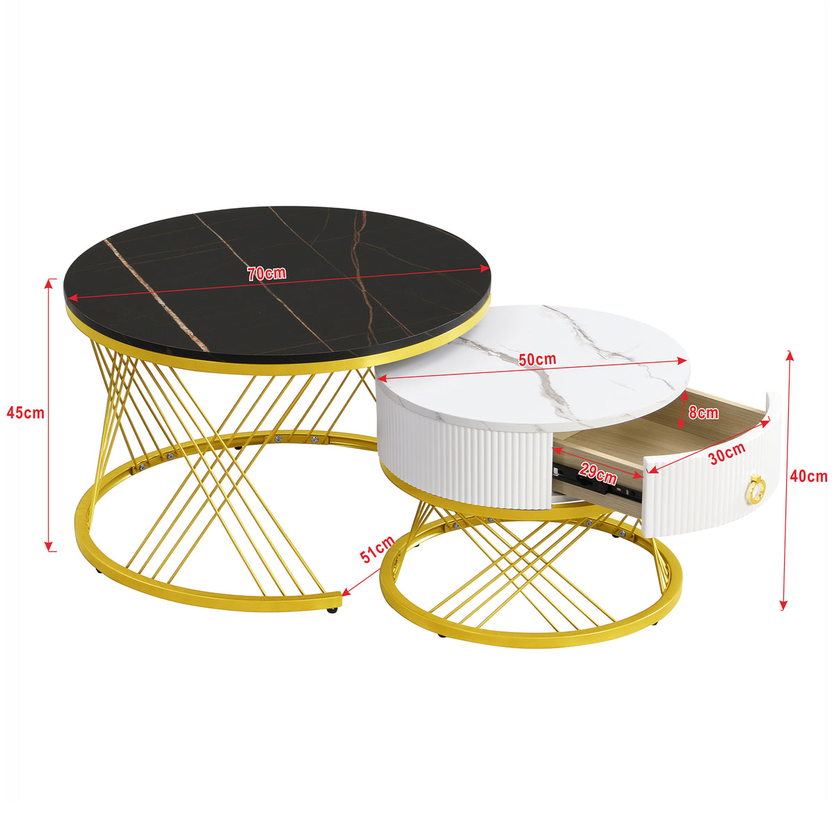 Elegant Composable Coffee Table Marble Effect, Gold Decor, Side Table With Drawers - Set Of 2