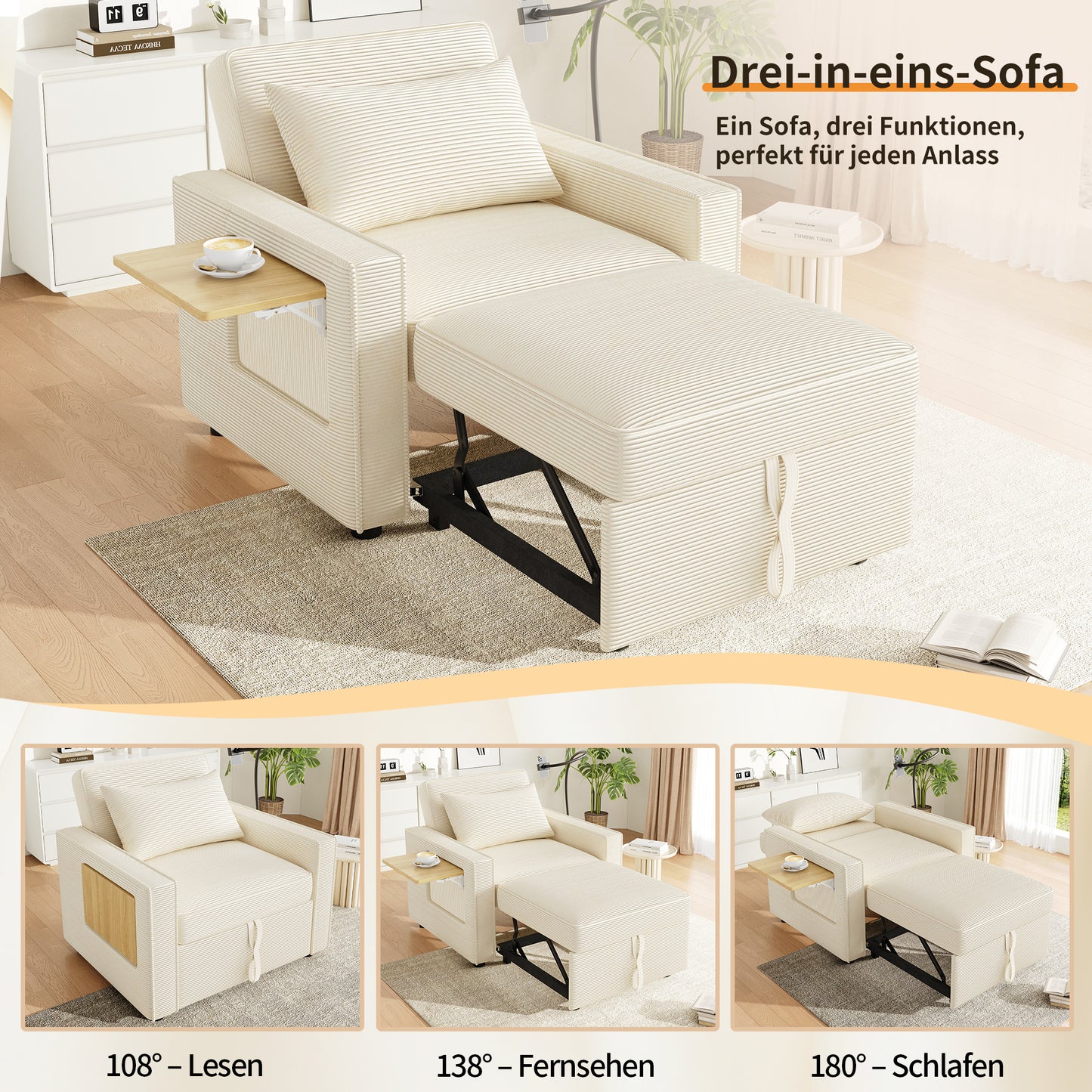 Multifunctional Foldable Sofa Bed With USB Charging Port And Mobile Phone Holder, 1 Seater Recliner Sofa Bed Convertible, Space Saving For Living Room And Bedroom, Corduroy Fabric, Beige
