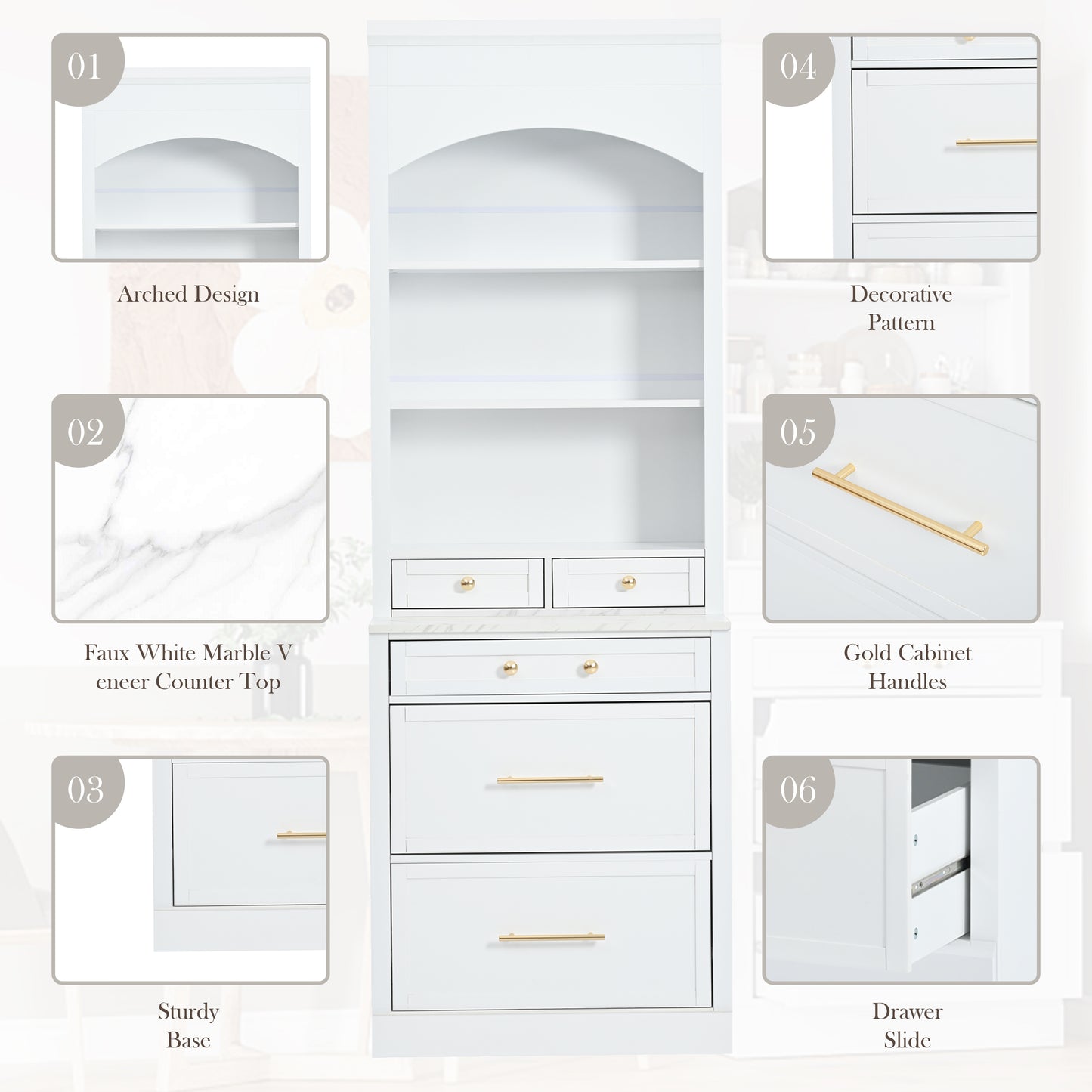 TOPMAx Modern 83.7inch High Kitchen Pantry Freestanding Tall Kitchen Hutch With Faux Marble Top Cupboard Cabinet With 5 Storage Drawers And Adjustable Shelf Set Of 2 White