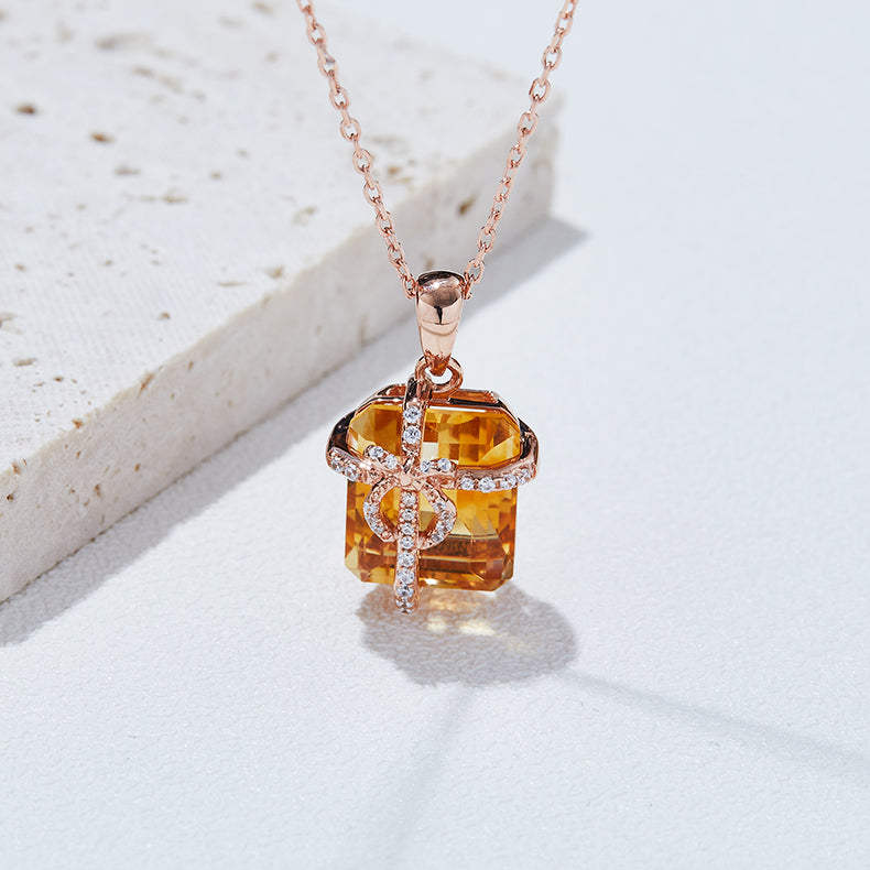 S925 Sterling Silver Gift Box Necklace, 12x10mm Natural Citrine Pendant, Platinum Plated Bowknot Design, 4g Women's Fine Jewelry With Gift Box