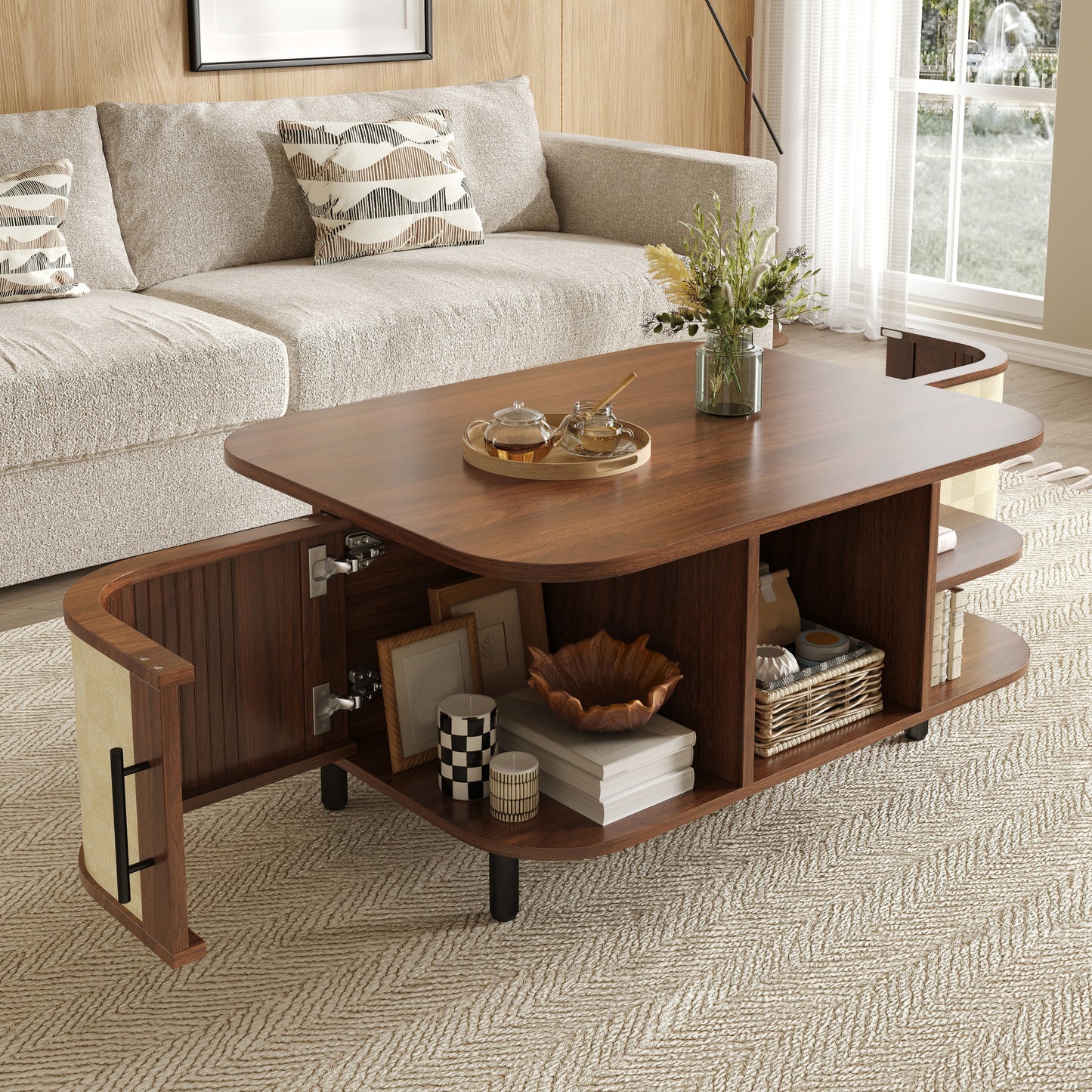 Coffee Table, Side Table, Curved Shape, Braided Surface, MDF Body, Metal Handles, Metal Legs, Storage, Living Room Table
