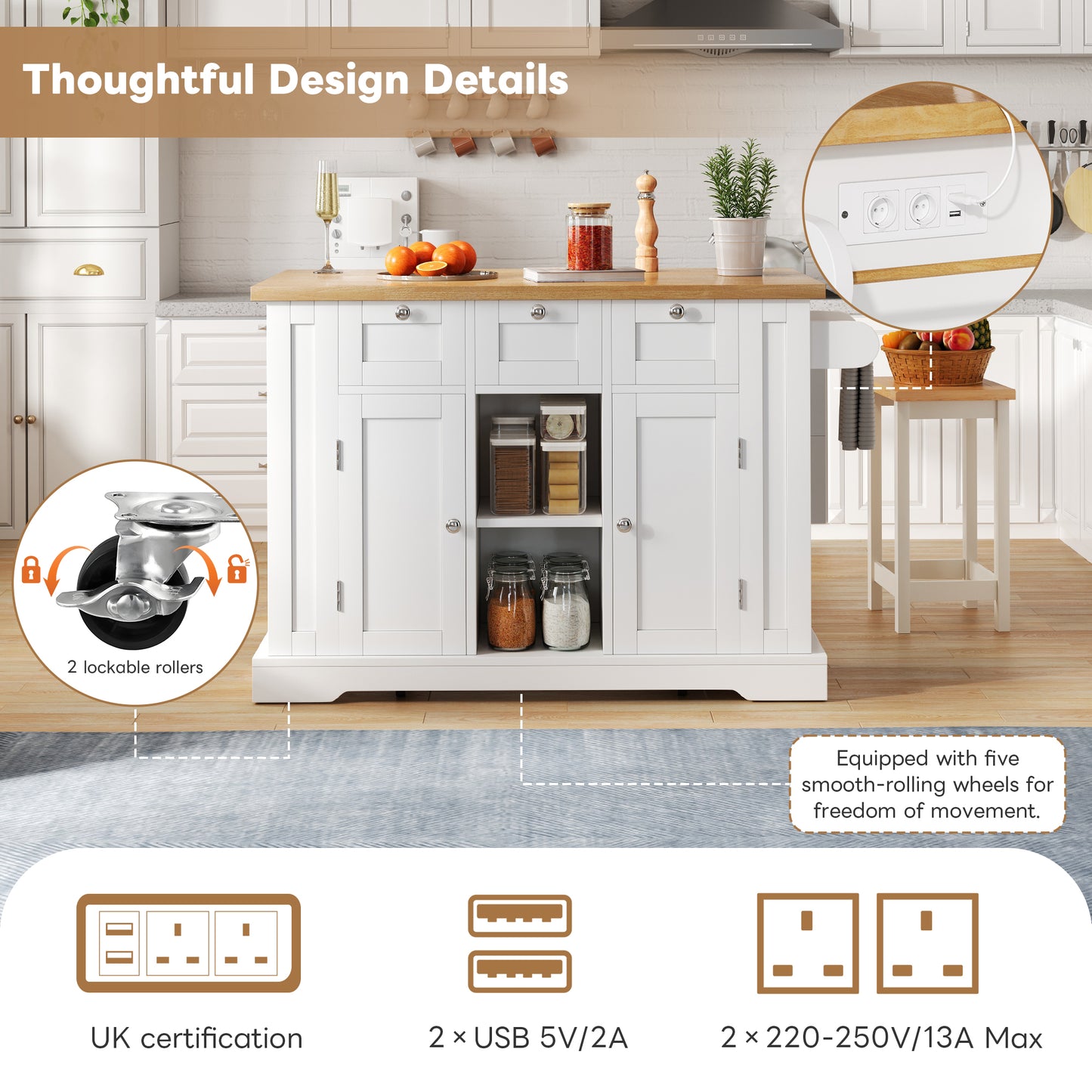 132cm Kitchen Island On Wheels, Dropleaf Trolley, Farmhouse Style, Foldable Countertop, Drawer, Spice Rack, Towel Holder, 5 Wheels, Integrated Socket, Charging Station, Kitchen Dining Livingroom