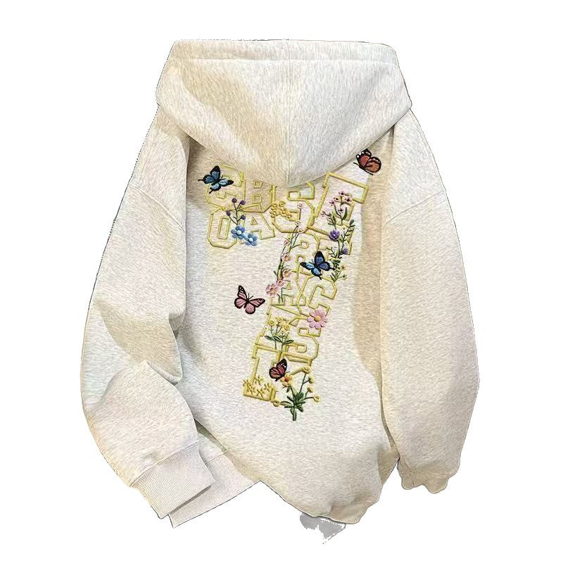 Korean-style Designer Floral And Letter-printed Hooded Sweatshirt With Silver Fox Velvet Finish
