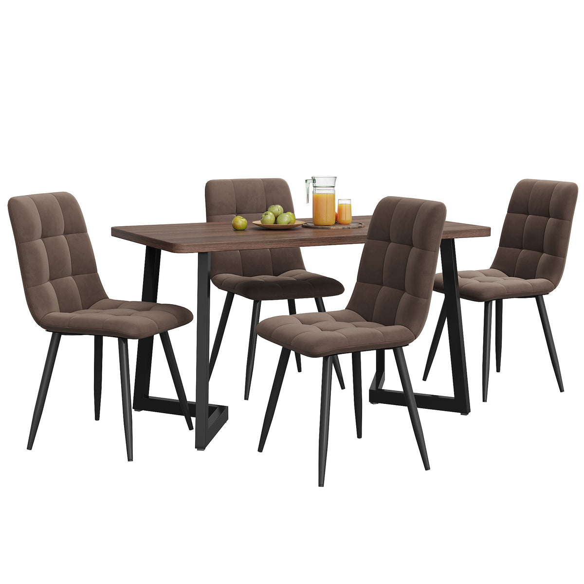 5-piece Dining Set With Table And 4 Chairs, Modern Kitchen Table Set, Wood Grain Kitchen Table With Black Metal Legs, MDF Tabletop In Walnut Color, Brown Velvet Dining Chairs