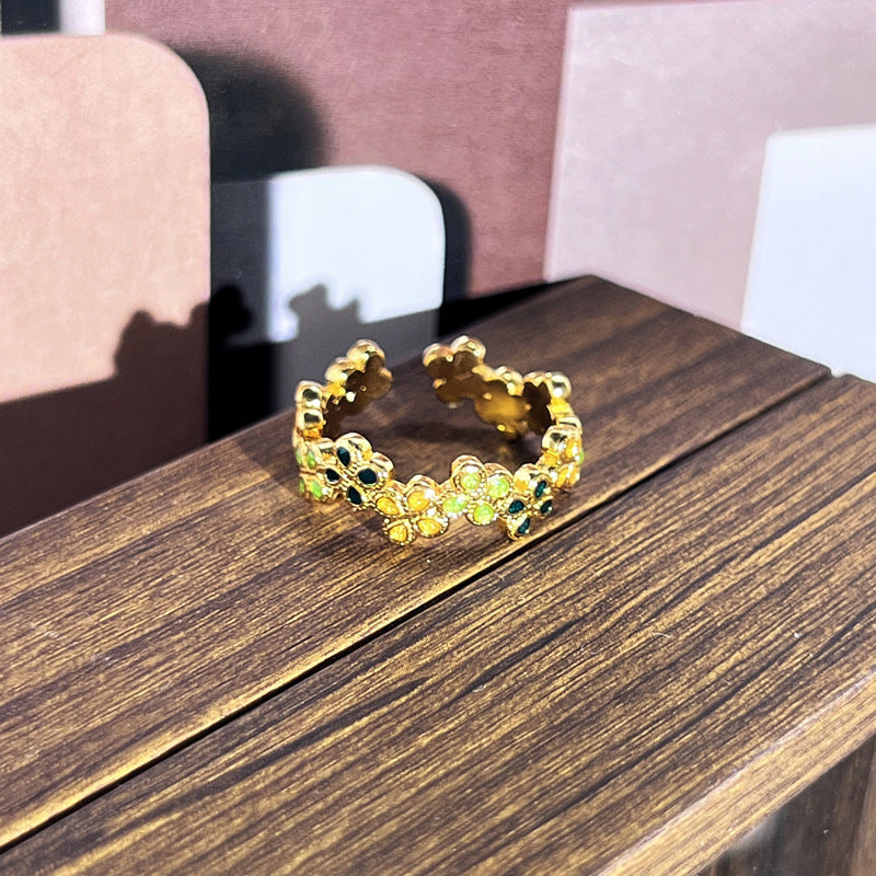 Viral Trendy Color Glaze Floral Rings Retro Sweet Edgy Ladies Fashion Jewelry