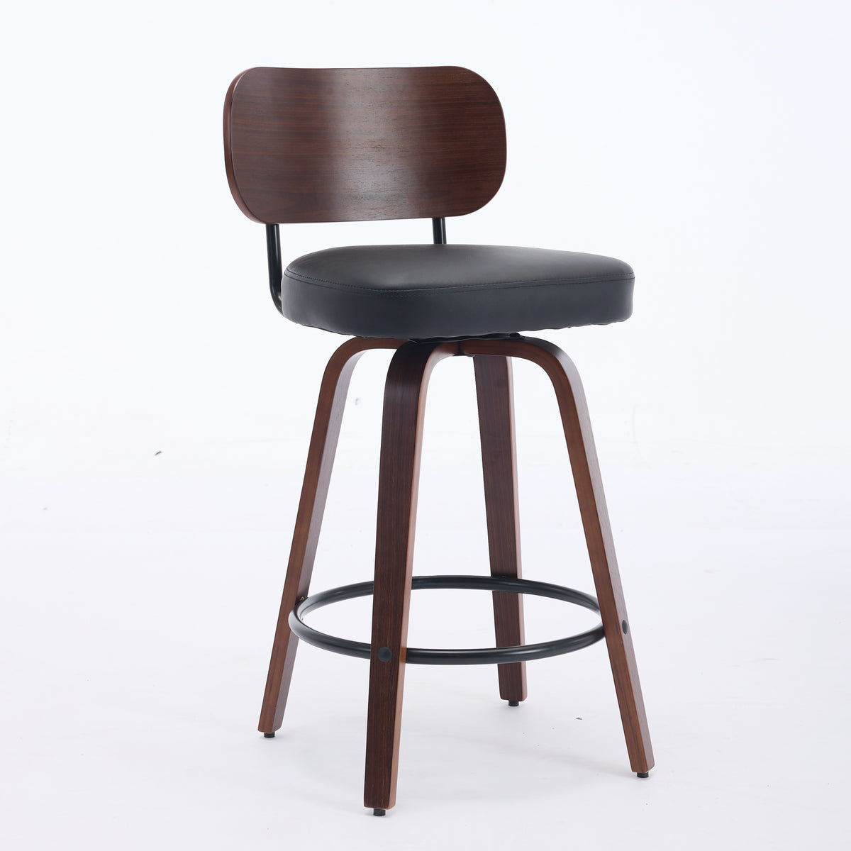 Swivel Bar Stools Set Of 2, 26 Upholstered Faux Leather Counter Height Barstools With Walnut Back & Bentwood Legs, Mid Century Modern Bar Chairs Island Stools For Kitchen Counter, Black PU, SW1864BK