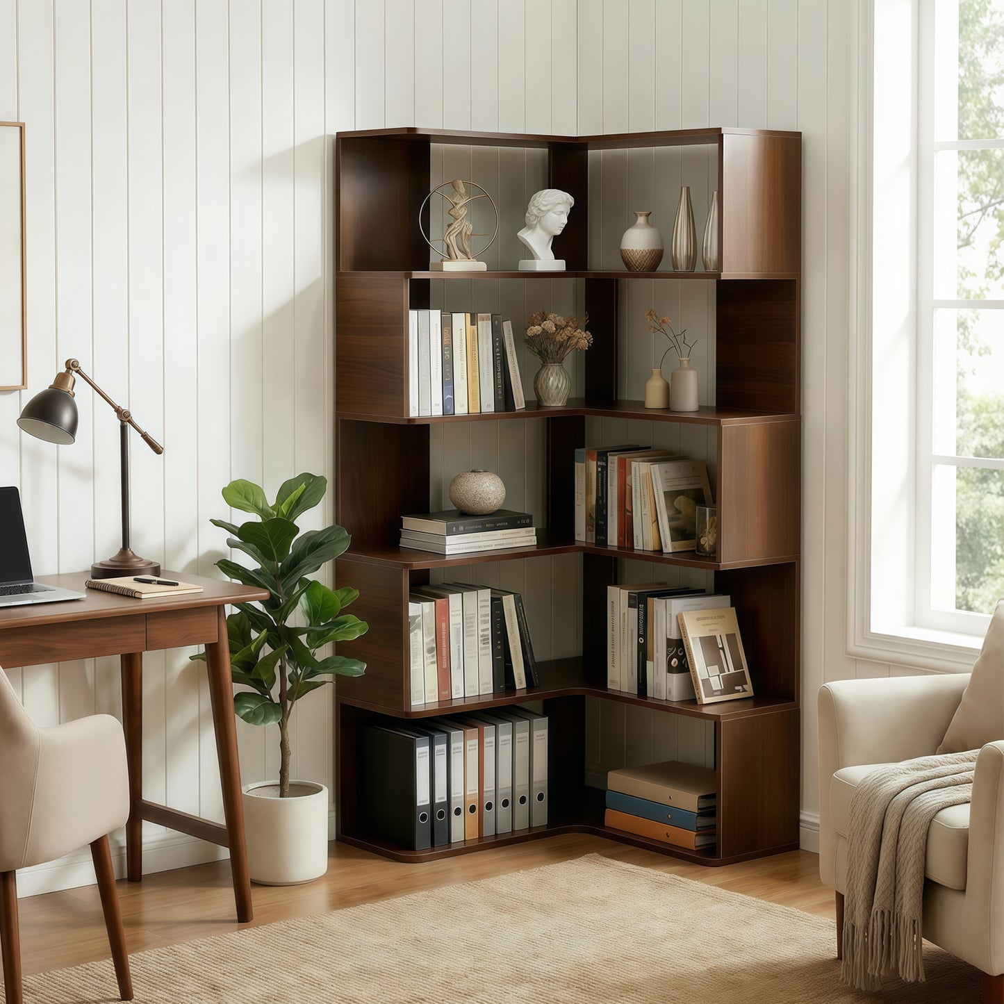6 Tier Corner Bookshelf, 66 Tall L Shaped Bookshelf With Baffle, Freestanding Display Corner Shelf, Wooden Bookcase With Open Shelf Units For Living Room, Bedroom, Home Office, Walnut