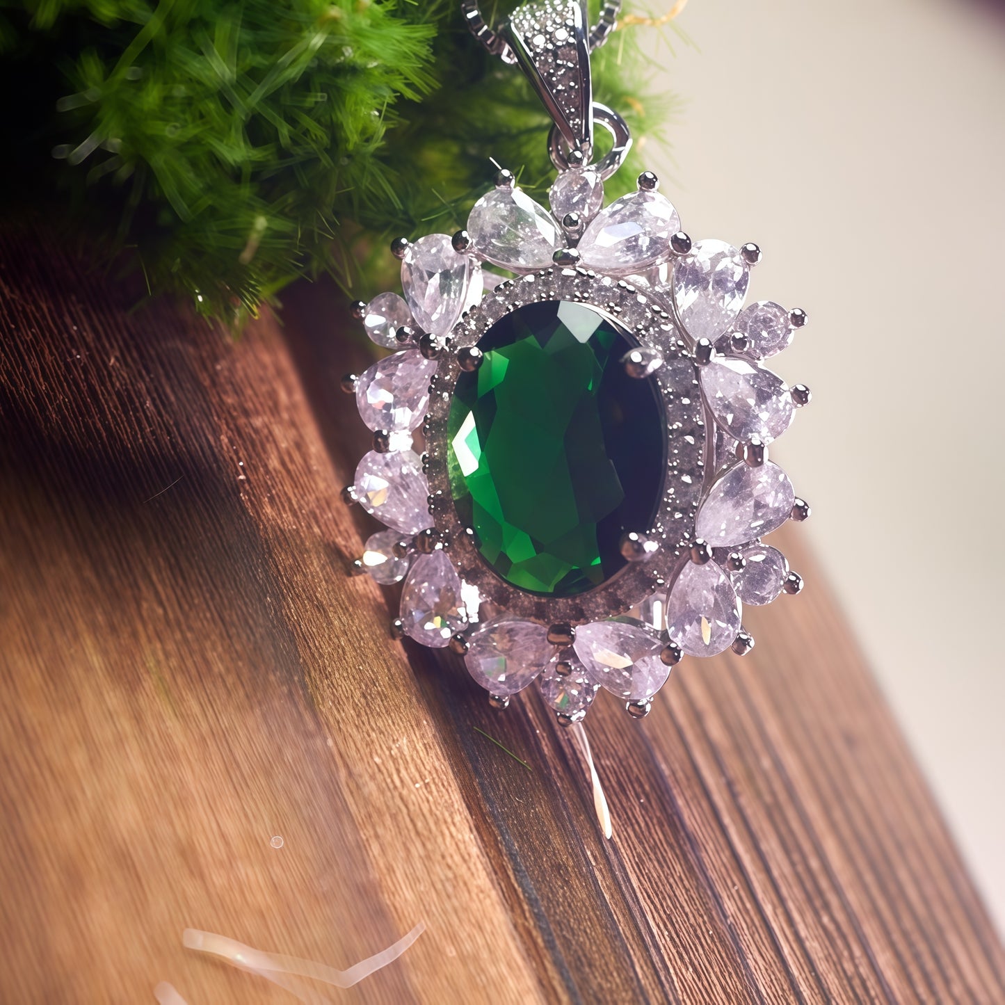 Luxury Sunburst Green Emerald Drop Necklace, Silver Plated Copper CZ Pendant For Anniversary & Formal Party Gifts