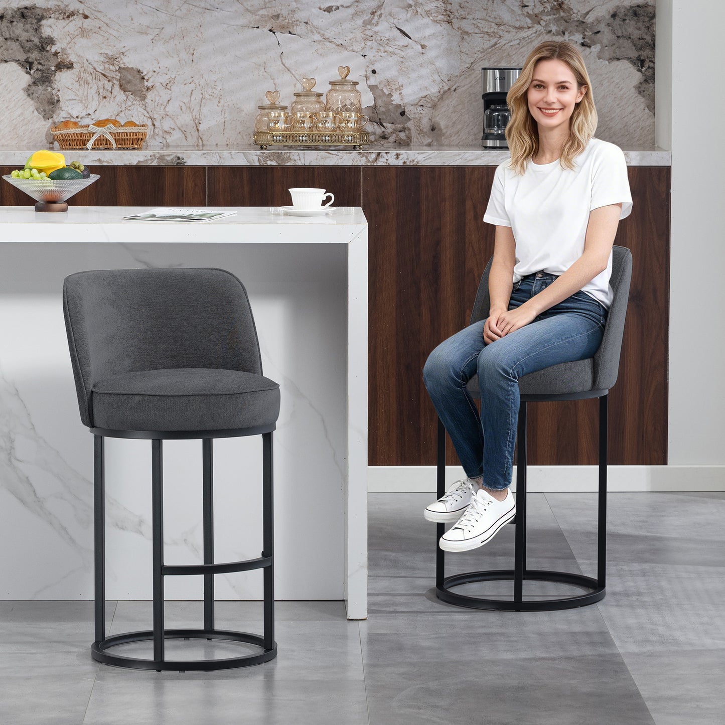 Counter Height Bar Stools Set Of 2, Modern Barrel Counter Stools With Backrest, Linen Fabric Upholstered Accent Bar Stools For Kitchen Island