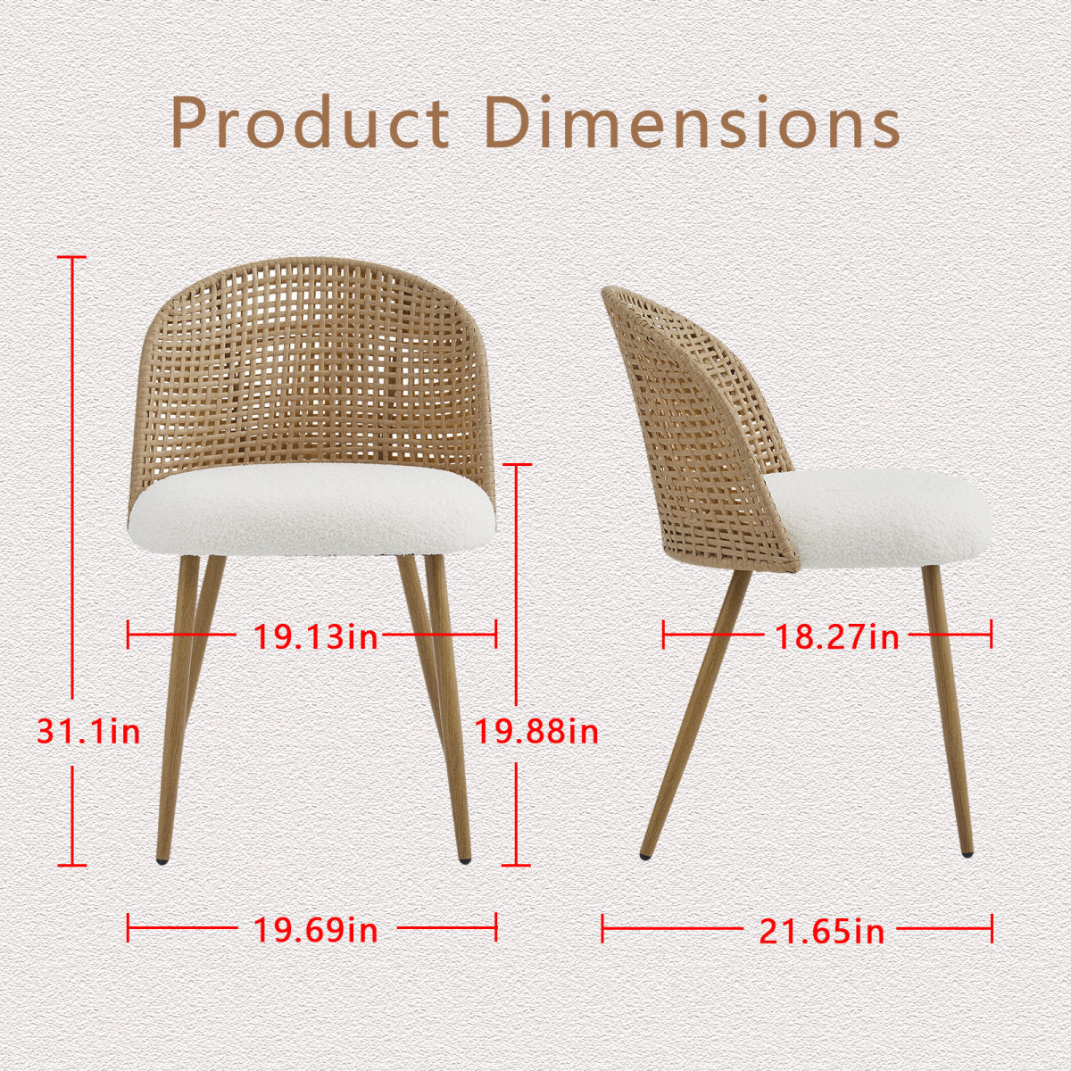 Wicker brown dining chairs set of 4, modern restaurant chairs, kitchen Bohemian style medieval-style soft beige sponge seat cushion