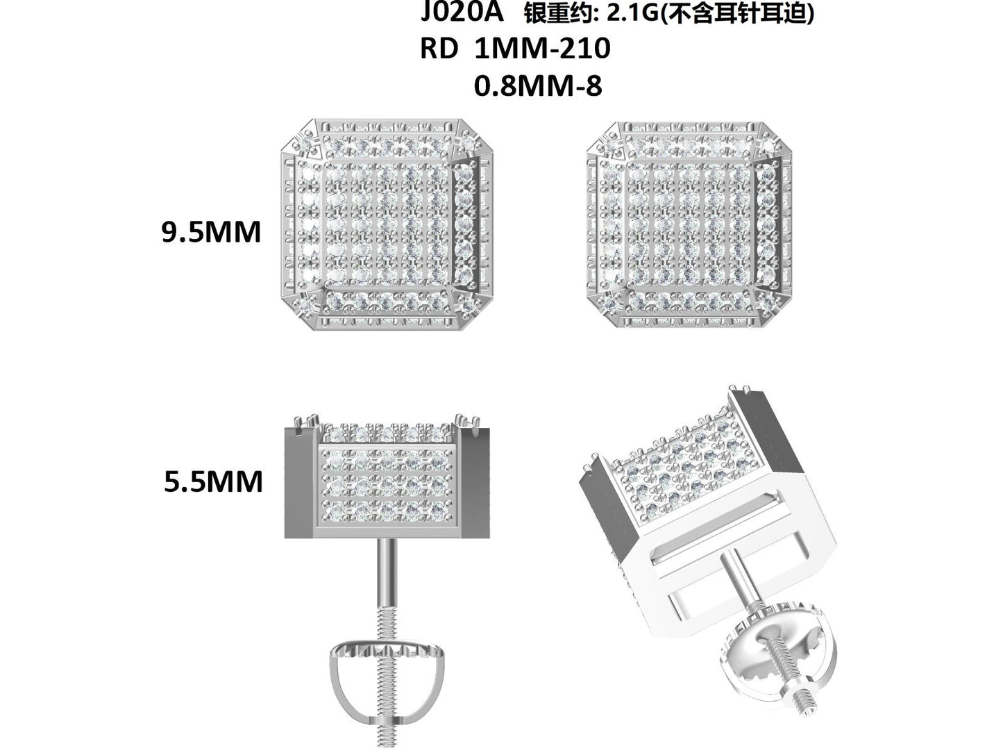 S925 Sterling Silver 218pcs D Color VVS1 Moissanite 3D Cube Earrings 2g Screw Back Hypoallergenic GRA Certified Gift Box