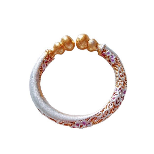 9999 Fine Silver Gourd Ring, Solid Adjustable Gold-rim Sakura Chinese Style Ring, Gift For Her