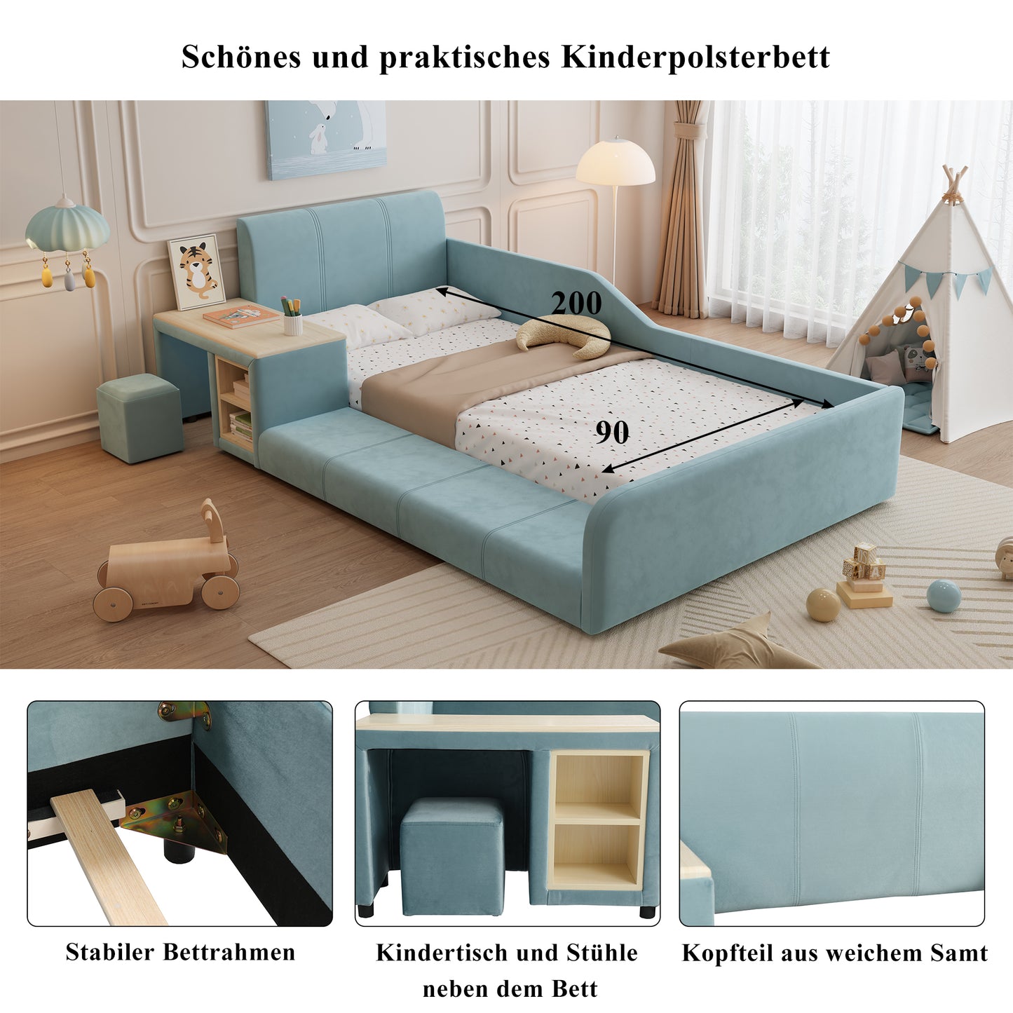 Upholstered Bed, Single Bed With Children's Desk And Stool, With Shelf, Soft Headboard, Children's Bed With Wooden Slats, Velvet, Blue, 90x200cm
